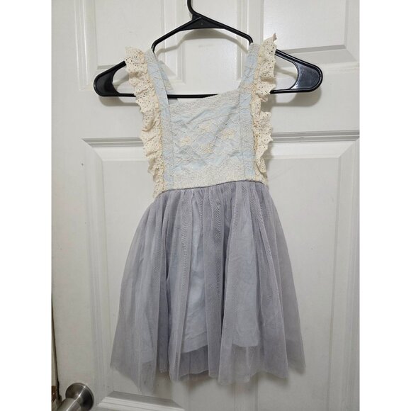 Little Trendsetter Girld Lace & Tulle Party Dress Ruffle Straps Light Blue/Cream - Picture 2 of 6